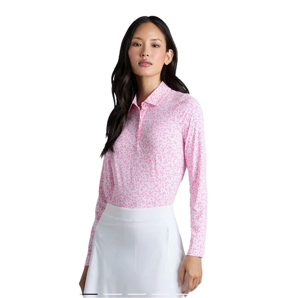 Womens Ditsy Floral Tech Jersey LS Polo Snow, medium, NWT - Picture 1 of 6
